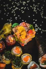 Naklejka na ściany i meble Perfect Sushi Japanese Asian Seafood Food Dish Drink Cocktail Dessert Menu Gourmet Restaurant Chef on Dark Background