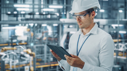 Male Engineer in Safety Goggles and Hard Hat Using Tablet Computer and Looking Out of the Office at a Car Assembly Plant. Industrial Specialist Working on Vehicle Production in Technological Factory.