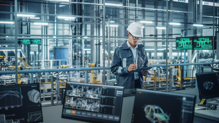 Handsome Engineer in Uniform and Hard Hat Using Tablet Computer at a Car Assembly Plant. Industrial...