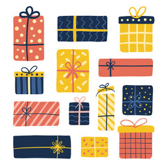 Gift boxes set isolated on white background. For Birthday New Year Holiday. Vector illustration in doodle style