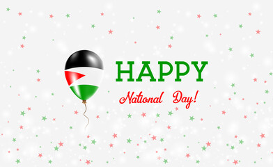 Palestine National Day patriotic poster. Flying Rubber Balloon in Colors of the Palestinian Flag. Palestine National Day background with Balloon, Confetti, Stars, Bokeh and Sparkles.