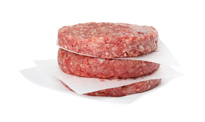 Stack of raw hamburger patties on white background