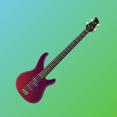 Fototapeta na wymiar Drawn vector bass guitar in cartoon style. Red purple bass guitar isolated on a blue green background. Background can be transparent. 