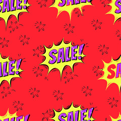 Sale seamless vector pattern. Speech bubbles with word SALE and flying stars. Colorful illustration