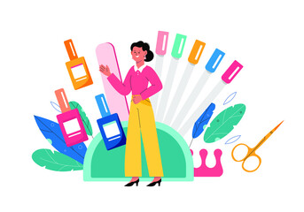 Manicurist service concept. Nail polish. Manicure, nail art and pedicure. Beauty salon. Vector illustration in flat style.