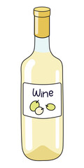 White Wine in a bottle. Doodle cartoon hipster style vector illustration isolated on white background. Good for party card, posters, bar menu or alcohol cook book recipe