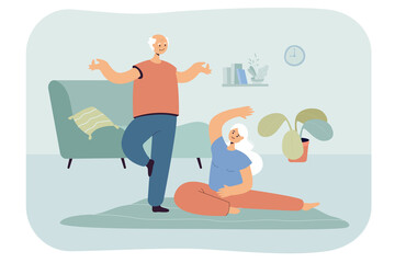 Male and female elders practicing yoga at home. Cartoon grey-haired couple enjoying sport and doing exercises on carpet together flat vector illustration. Fitness, healthy lifestyle in old age concept