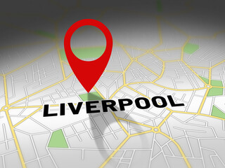 Obraz premium Liverpool on map with red GPS navigation pin. United Kingdom location with generic map background.