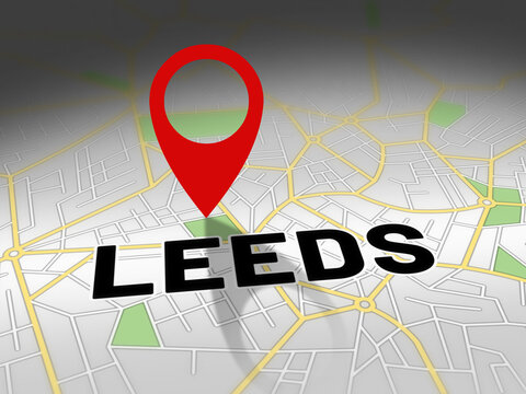 Leeds on map with red GPS navigation pin. United Kingdom location with generic map background.