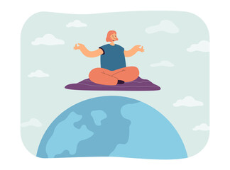 Young woman levitating in lotus pose above Earth planet. Girl practicing yoga and meditating flat vector illustration. Meditation and relaxation concept for banner, website design, landing web page