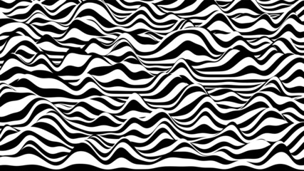 3D black and white ripple stripes distorted backdrop. Abstract procedural noise surface.