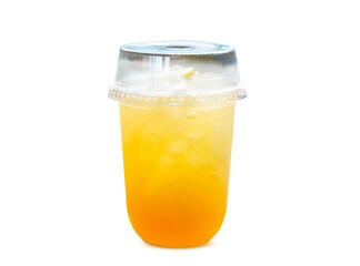 Ice honey lemon soda yellow in plastic glass put isolated on white background clipping path. Herbal drink for health.