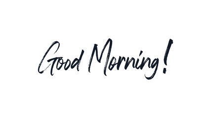 Good Morning Text Handwritten Lettering Brush Calligraphy with Stamp Grunge Style isolated on White Background. Flat Vector Design Template Element for Greeting Cards.
