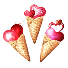 Icecream with Hearts set, Concept of sweet love, Valentines Day. Hand drawn watercolor illustration isolated on white background