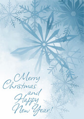 light christmas card with snowflakes, blue watercolor 
