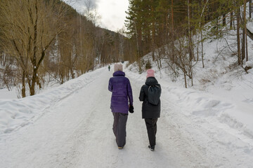 Fototapeta na wymiar A couple of young girls are walking along road in winter. White snow, trees. Concept of winter tourism, hiking.