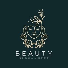 beauty face with curly hair leaf logo design template. beauty logo design