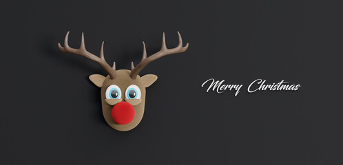 Reindeer funny 3d character with big red fluffy nose. Winter Holidays greeting card 3d render 3d illustration