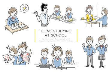 ベクターイラスト素材：中高生の学校生活、セット

