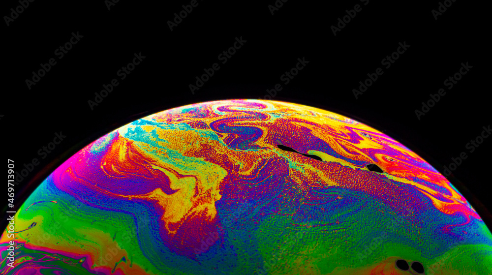 Wall mural virtual reality space with abstract multicolor psychedelic planet. closeup soap bubble like an alien