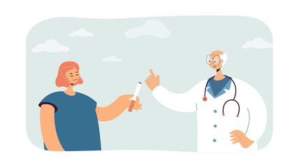 Young woman holding cigarette speaking with doctor. Female character having consultation about bad habits flat vector illustration. Health care concept for banner, website design or landing web page