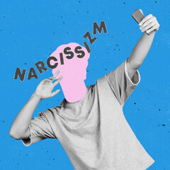 Contemporary artwork. Conceptual portrait of faceless man with word narcissizm instead face. Human...