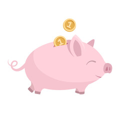 Cartoon isolated illustration of piggy bank in the shape of a pig with gold coins.