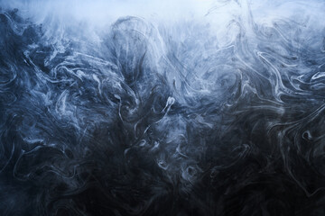 Dark Blue smoke on black ink background, colorful fog, abstract swirling indigo ocean sea, acrylic...