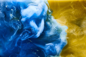 Blue yellow smoke on white ink background, colorful fog, abstract swirling ocean sea, acrylic paint...