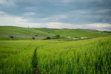 Fototapeta na wymiar Tuscany, Italy, May 2018, the path goes through the green field to the freeway in the distance