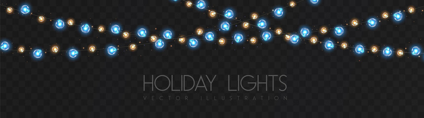 Vector garlang of blue and yellow lamps on transparent background. Holiday string of lights vector illustration