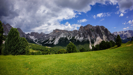 Fototapeta premium Dolomites, Italy, August 2017, alpine green meadow in the valley against the backdrop of mountains and blue sky
