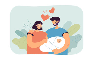 Man and woman hugging each other and holding newborn child. Couple looking at baby in hands with loving eyes flat vector illustration. Family, love concept for banner, website design, landing web page