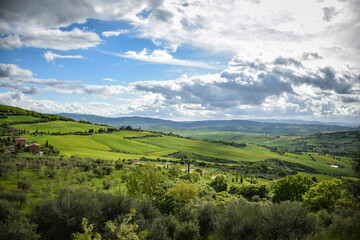 Fototapeta na wymiar Tuscany, Italy, May 2018, a view from a height of a green valley with olive orchards and a farm
