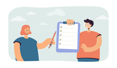 Tiny person with questionnaire offering to fill in it to woman. Man holding clipboard with checklist flat vector illustration. Completing form concept for banner, website design, landing web page - obrazy, fototapety, plakaty