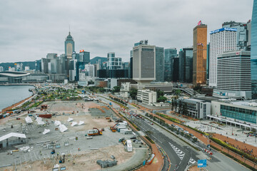 Aerial drone shot a Hong Kong Corporate Buildings streets.