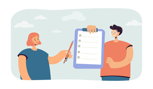 Tiny person with questionnaire offering to fill in it to woman. Man holding clipboard with checklist flat vector illustration. Completing form concept for banner, website design, landing web page