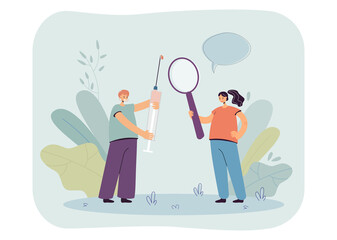 Woman standing with medical syringe and her colleague holding magnifying glass. Scientists researching flat vector illustration. Vaccine research concept for banner, website design or landing web page
