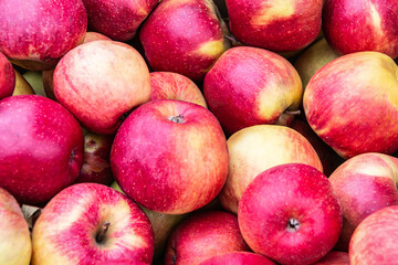 Red ripe apples. Background and texture from apples. Lots of beautiful red apples. Collection and sale of apples. Close-up.