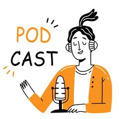 Happy girl with headphones is recording a podcast. A female character speaks into a microphone. Vector illustration in line doodle style.