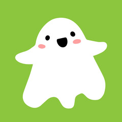 Cute smiling ghost on a green background. Vector illustration with ghost character isolated on background.