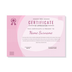Certificate of appreciation template with modern design and pink color