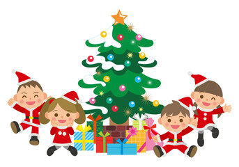 クリスマスツリーとサンタコスチュームの子供たち