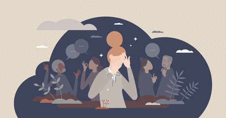 Social anxiety and psychological discomfort from crowd tiny person concept. Stress and awkward emotion in public place as emotional difficulty vector illustration. Mental concern feeling from audience - obrazy, fototapety, plakaty