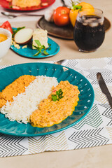 Delicious Homemade Classic Food Brazilian Dish Plate Menu Lunch Breakfast Rice Beans Pasta Sausage Shrimp on the Table