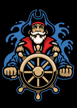 Pirate Mascot Handling the Ship Wheel