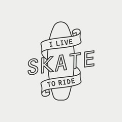 Colored illustration of a skateboard, ribbon with text on the background. Design element for emblem, sticker, badge, print and label. Vector illustration. Sports symbols. Leisure.