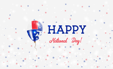 TAAF National Day patriotic poster. Flying Rubber Balloon in Colors of the French Flag. TAAF National Day background with Balloon, Confetti, Stars, Bokeh and Sparkles.