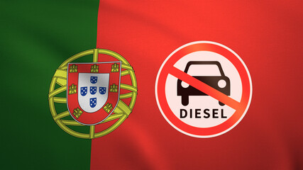 Flag of Portugal with the sign of Diesel fuel ban