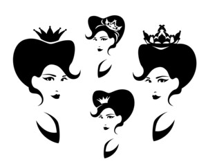 fairy tale queen or princess with crown and marie antoinetee style hair black and white vector head portrait set